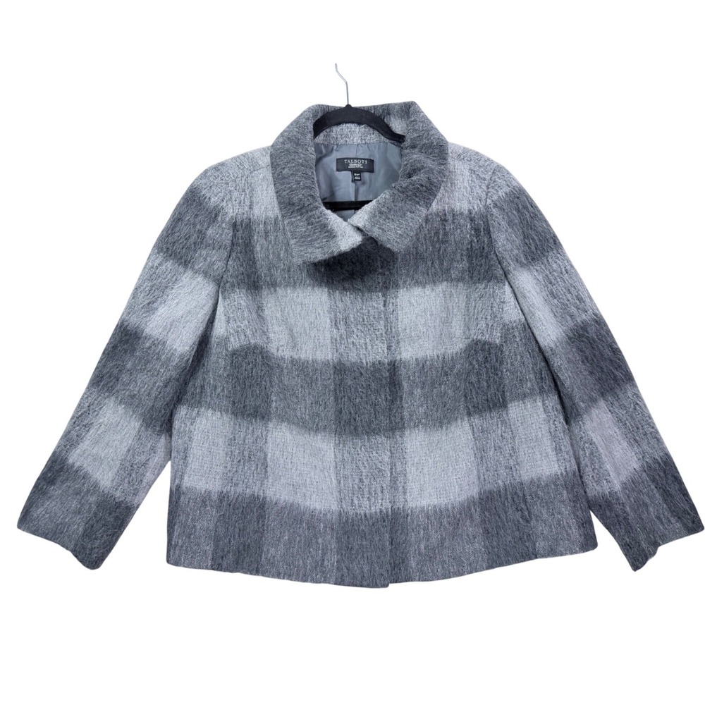 Talbots Woman Petites Gray Plaid Mohair Blend Full Zip Coat Jacket 16WP